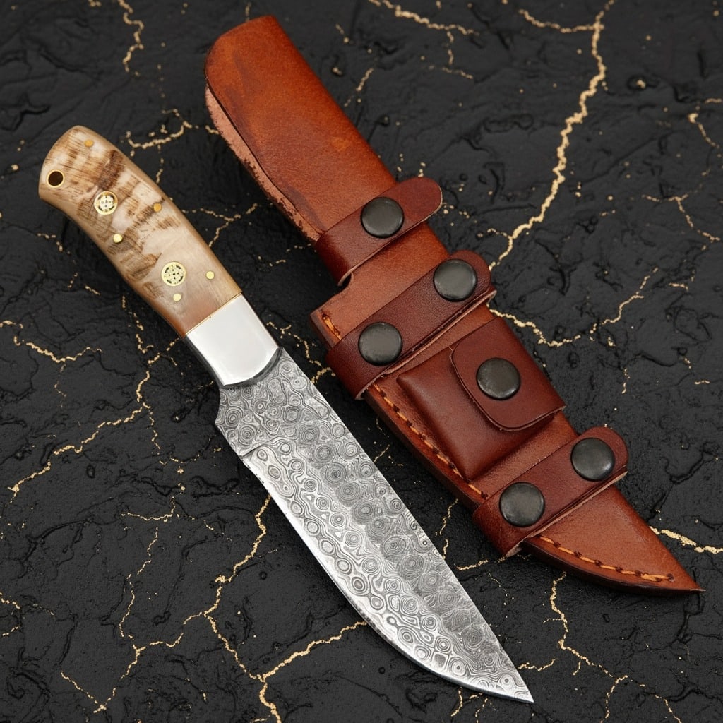 Hand-Forged Damascus Steel Fixed Blade Knife, Ram Horn Handle, Leather Sheath: Title:Hand-Forged Damascus Steel Fixed Blade Knife, Ram Horn Handle, Leather Sheath Description:This handcrafted knife features a ram horn grip and includes a matching cowhide leather sheath. Each