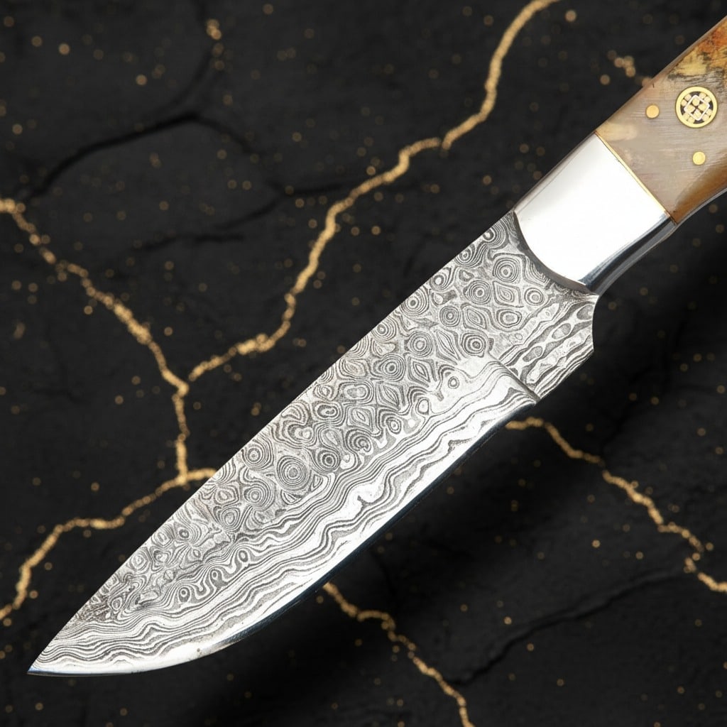 Hand-Forged Damascus Steel Fixed Blade Knife, Ram Horn Handle, Leather Sheath - 6