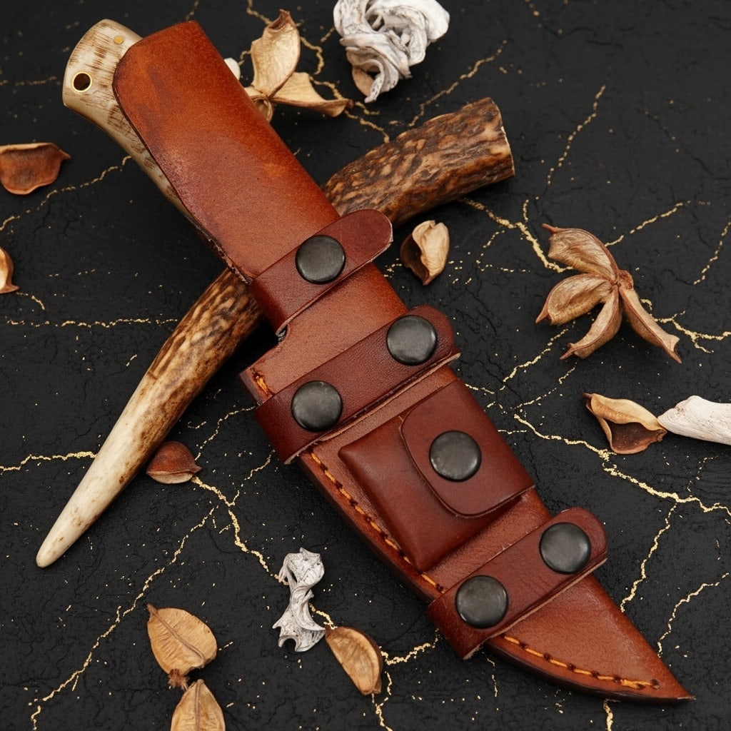 Hand-Forged Damascus Steel Fixed Blade Knife, Ram Horn Handle, Leather Sheath - 7