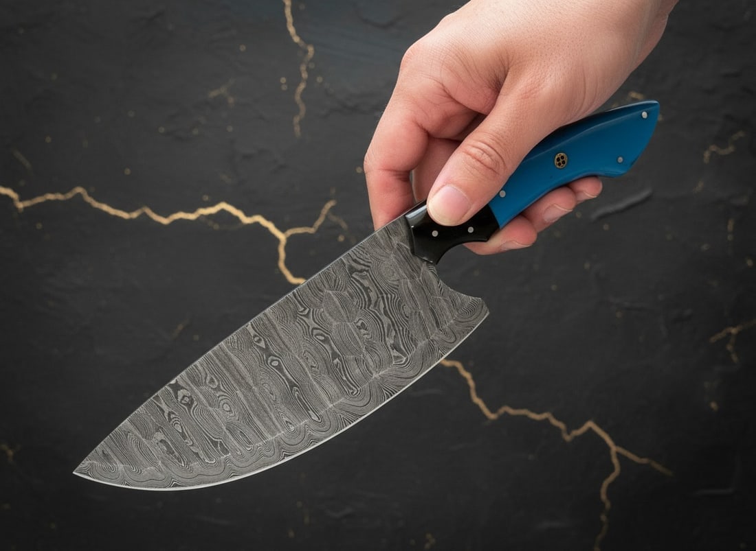 5pc Hand-Forged Damascus Chef Knife Set, Hammered Steel, Resin Handle + Roll - 3