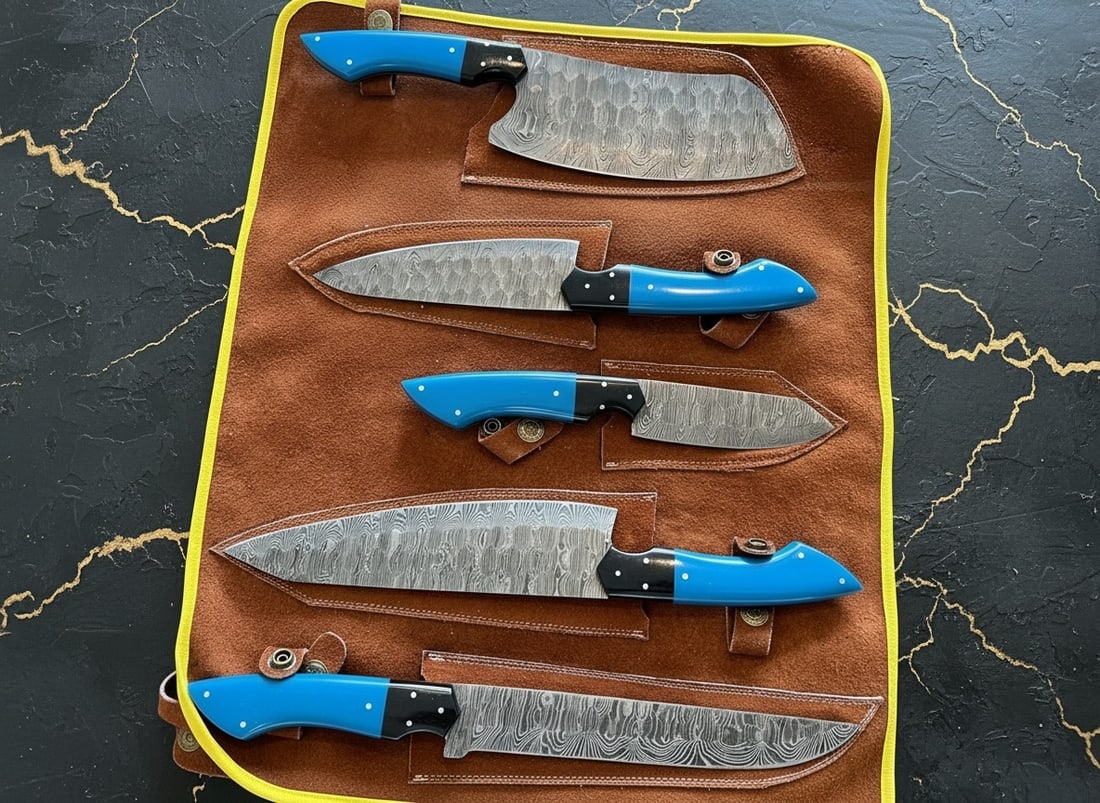 5pc Hand-Forged Damascus Chef Knife Set, Hammered Steel, Resin Handle + Roll - 4