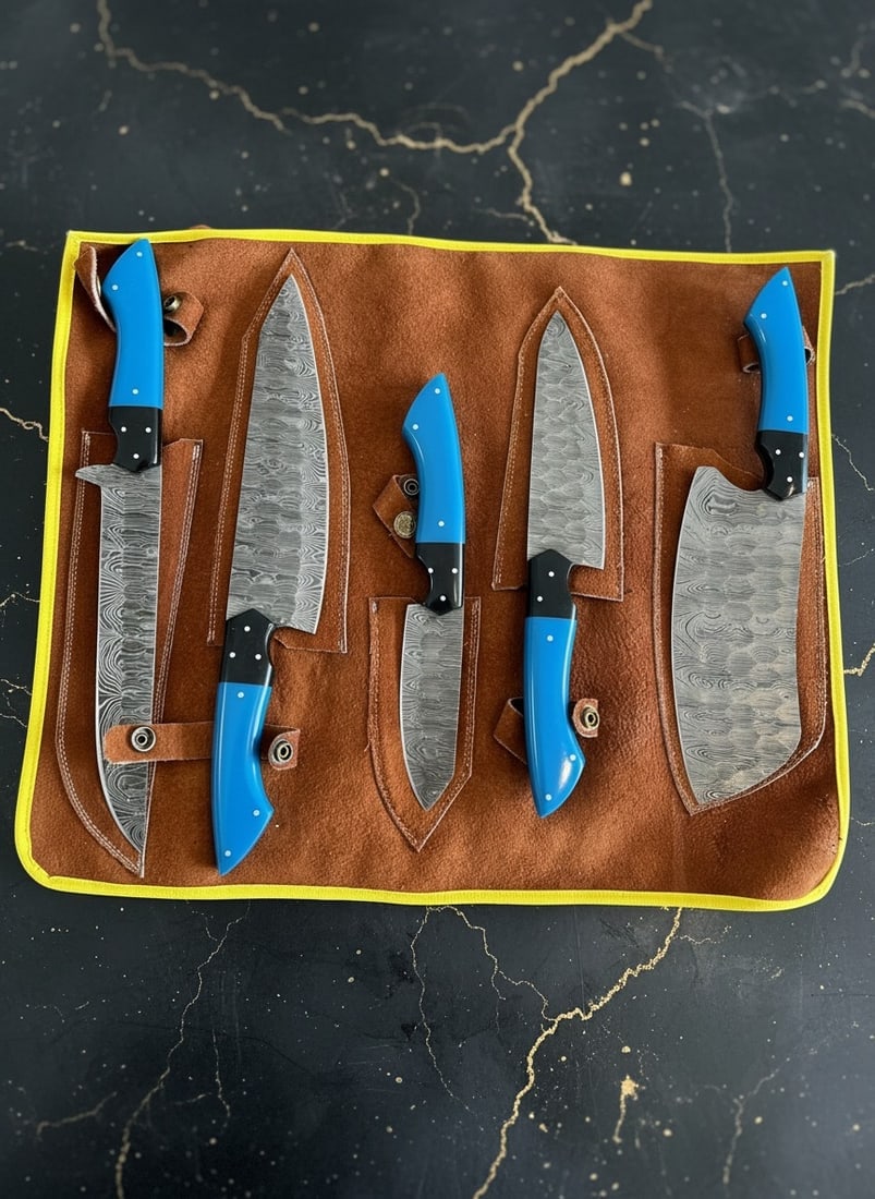 5pc Hand-Forged Damascus Chef Knife Set, Hammered Steel, Resin Handle + Roll - 5