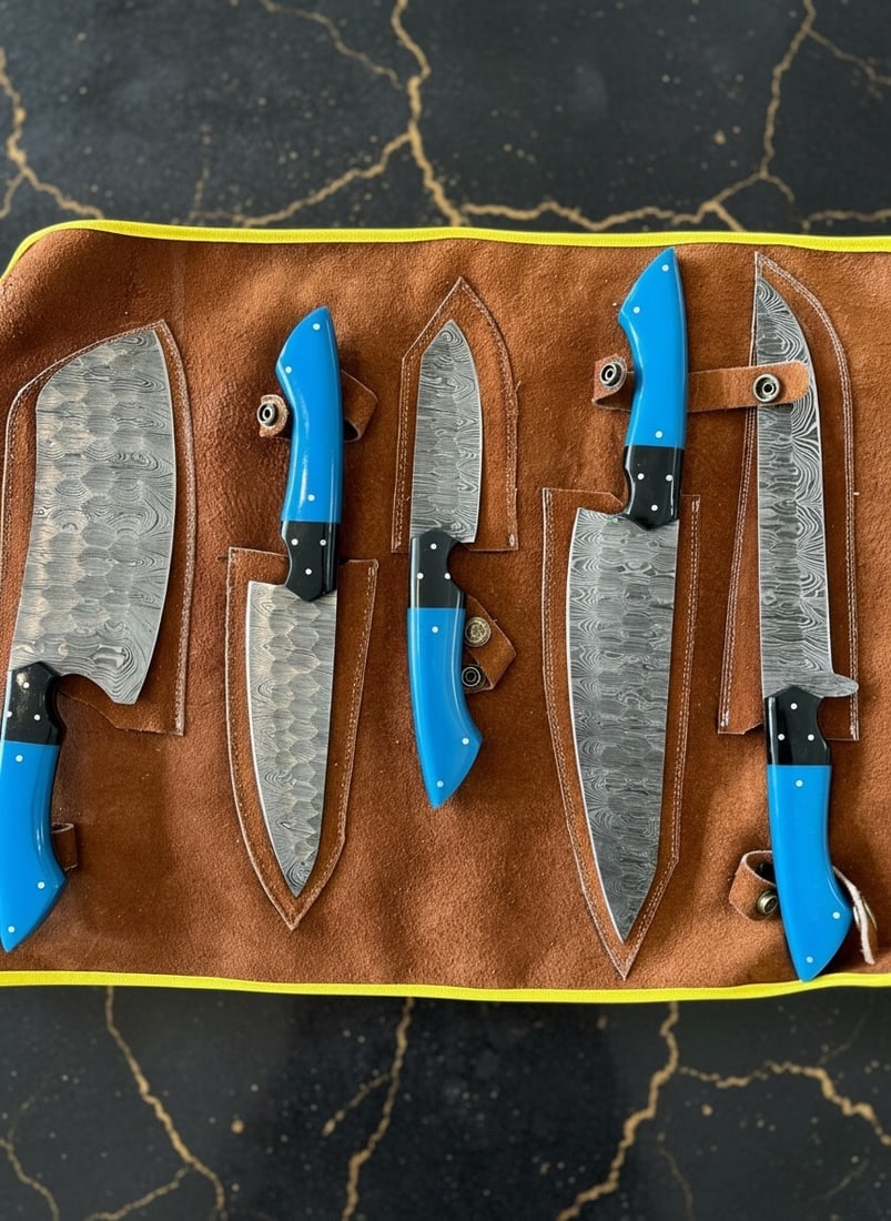 5pc Hand-Forged Damascus Chef Knife Set, Hammered Steel, Resin Handle + Roll - 6