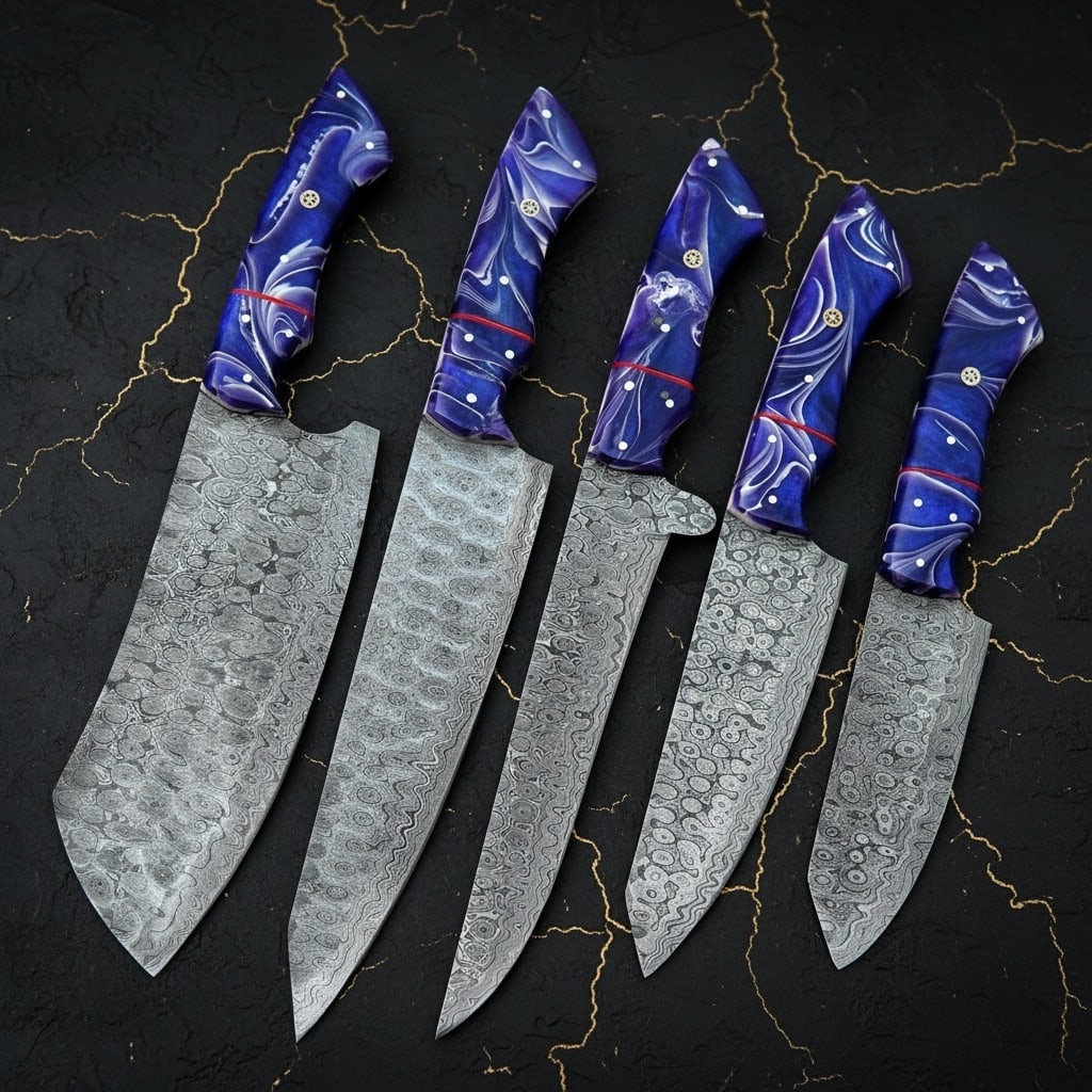 5pc Damascus Steel Kitchen Knife Set, Raindrop Pattern, Leather Roll Case: Title:5pc Damascus Steel Kitchen Knife Set, Raindrop Pattern, Leather Roll Case Description:This professional chef set includes five handcrafted knives and a cowhide leather carrying bag. Each piece i