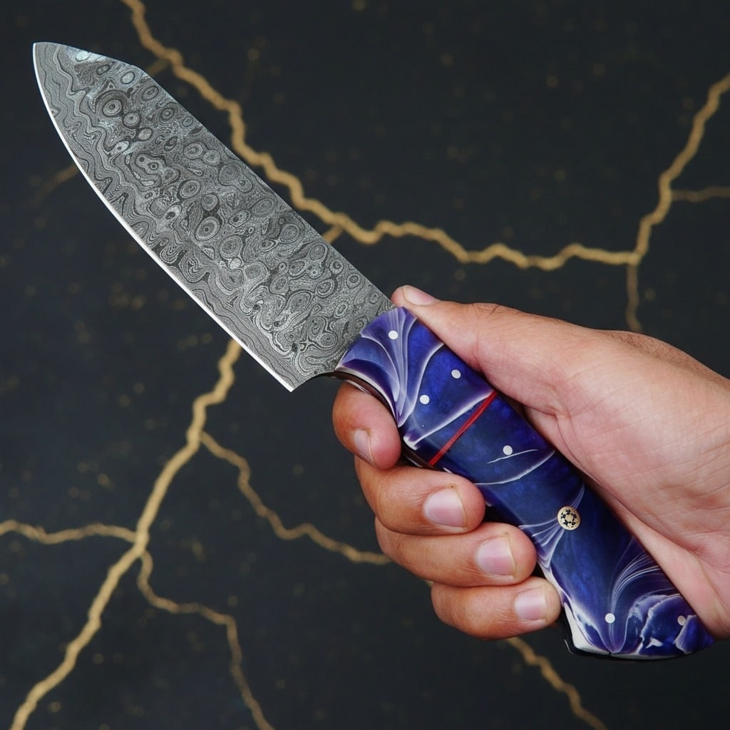 5pc Damascus Steel Kitchen Knife Set, Raindrop Pattern, Leather Roll Case - 2