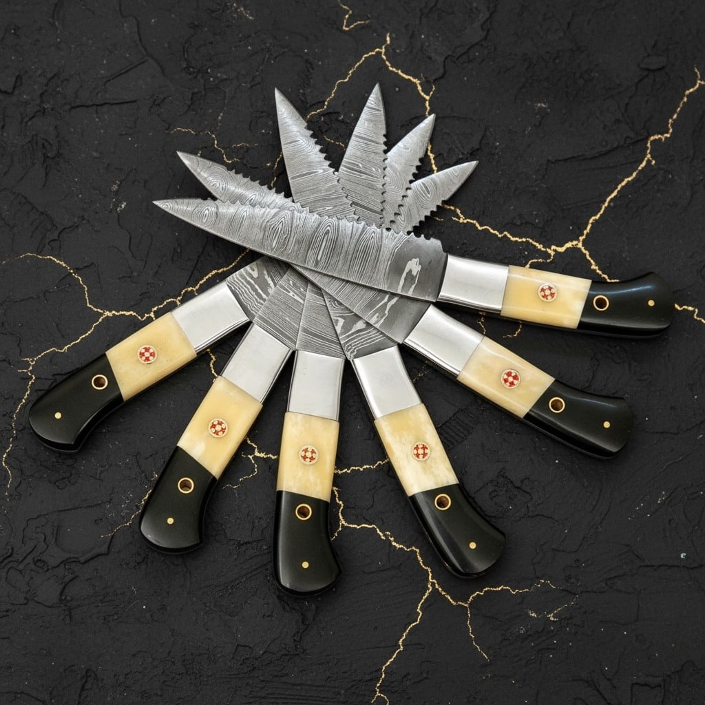 6pc Damascus Steel Steak Knife Set Bone Handle Handmade with Leather Roll - 3