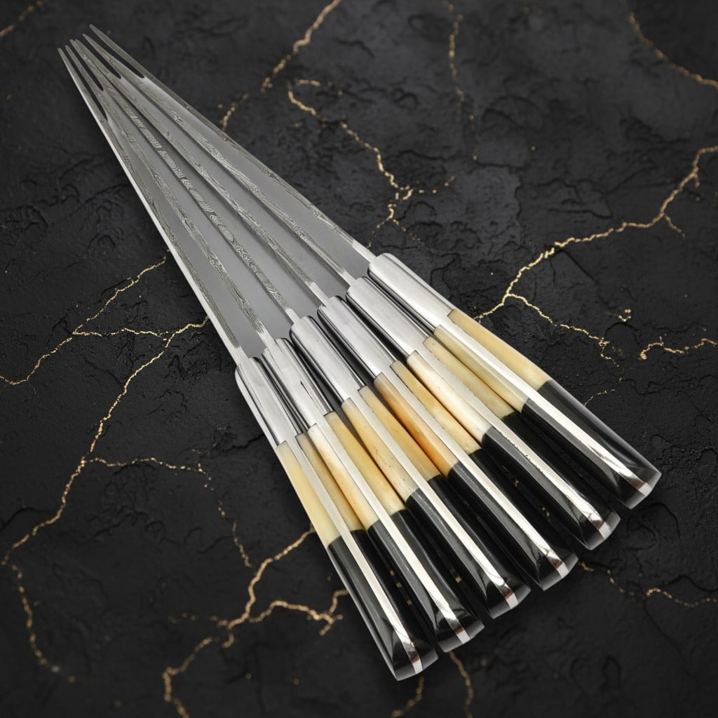 6pc Damascus Steel Steak Knife Set Bone Handle Handmade with Leather Roll - 4