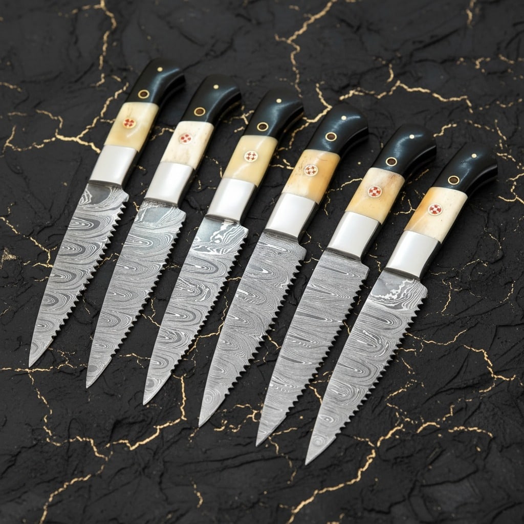 6pc Damascus Steel Steak Knife Set Bone Handle Handmade with Leather Roll - 5