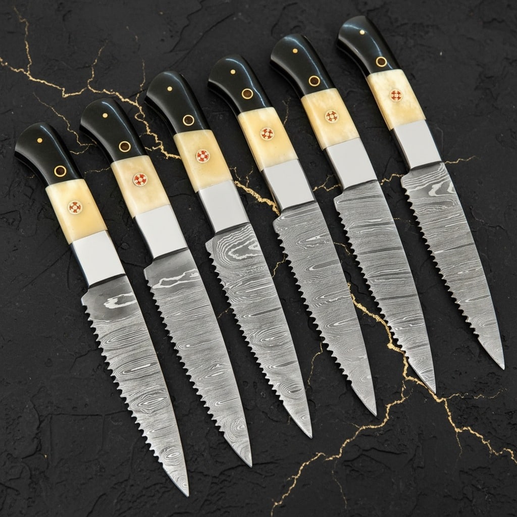 6pc Damascus Steel Steak Knife Set Bone Handle Handmade with Leather Roll - 6