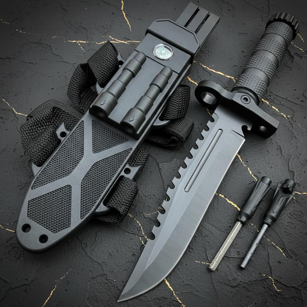 12.5" Military Survival Knife with Sawback Fixed Blade, Fire Starter & Compass: Title:12.5" Military Survival Knife with Sawback Fixed Blade, Fire Starter & Compass Description:This versatile military style tactical knife is an essential tool for any hunting or survival situation