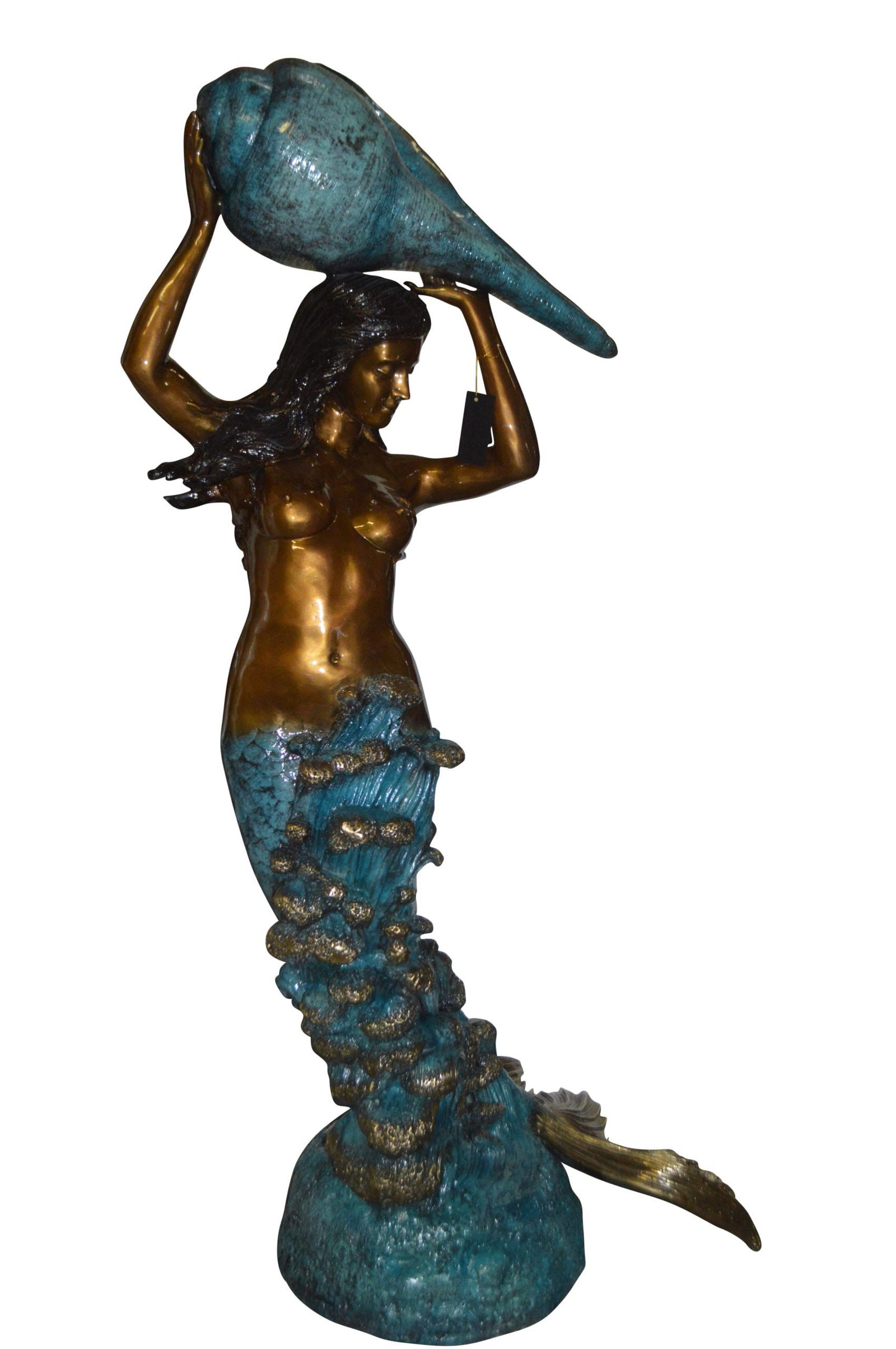Mermaid holding a shell - large Bronze Statue Art Nude 43"L x 30"W x 76"H.: Title:Mermaid holding a shell - large Bronze Statue Art Nude 43"L x 30"W x 76"H. Description:Sculpted beautiful fountain of a naked mermaid holding a large shell bronze Sculpture. Water spills out