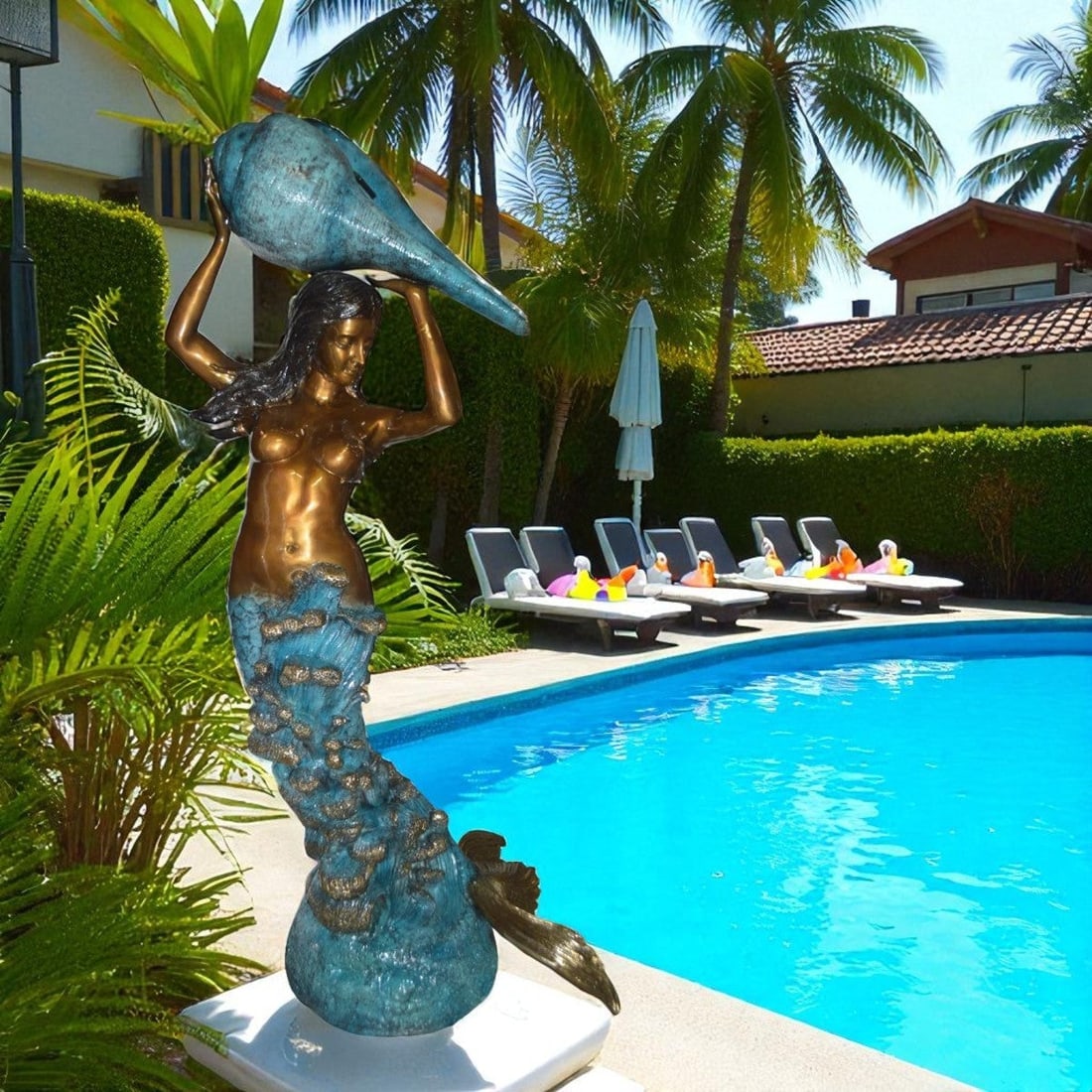Mermaid holding a shell - large Bronze Statue Art Nude 43"L x 30"W x 76"H. - 2