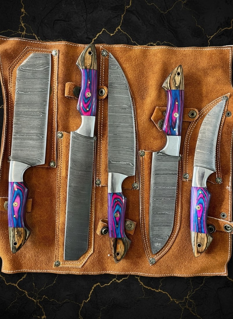 5 Pc Damascus Steel Chef Knife Set Wood Handle Kitchen Cutlery Leather Roll - 3