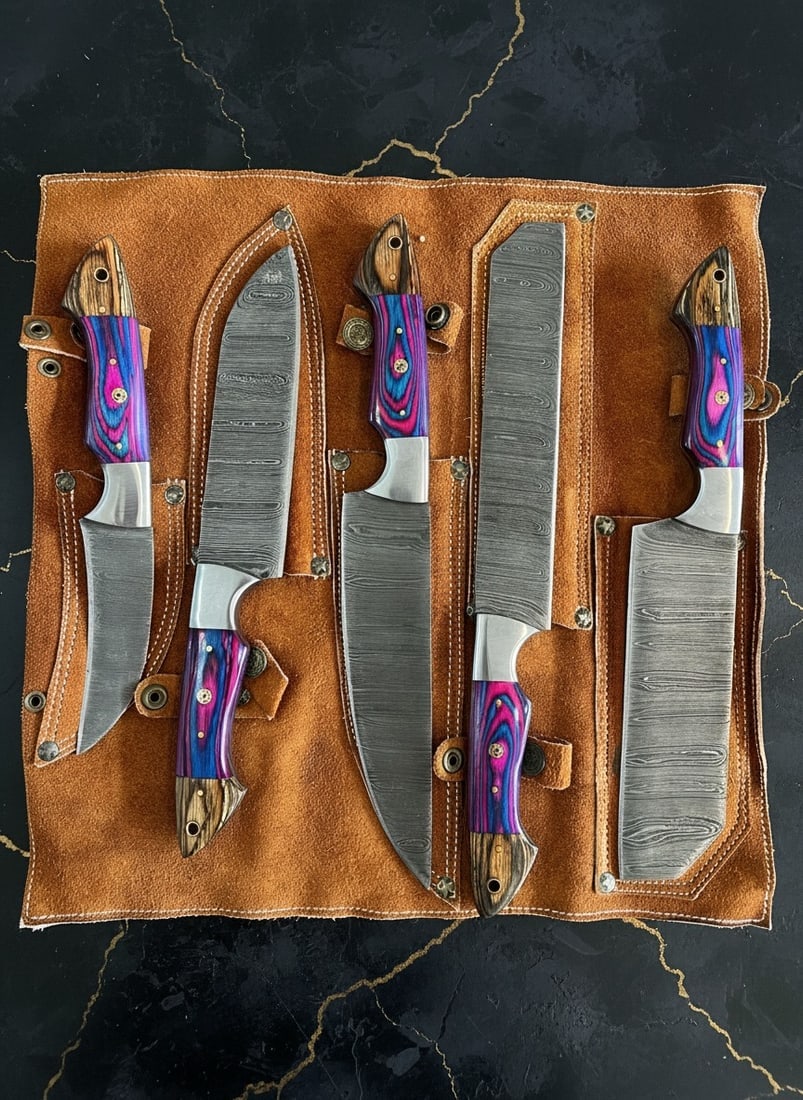 5 Pc Damascus Steel Chef Knife Set Wood Handle Kitchen Cutlery Leather Roll - 5