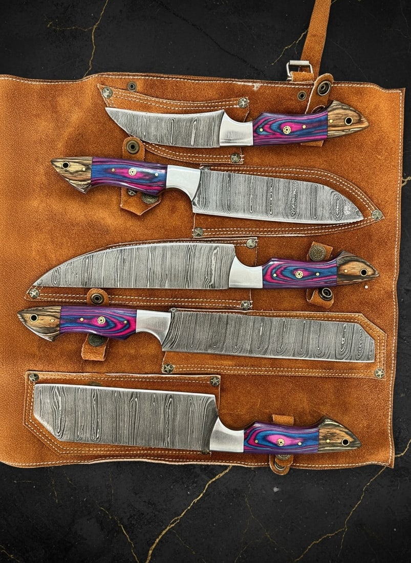 5 Pc Damascus Steel Chef Knife Set Wood Handle Kitchen Cutlery Leather Roll - 6