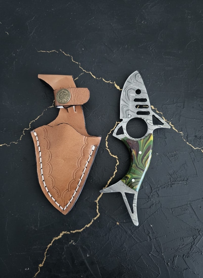 Hand-Forged Damascus Steel Shark Knife, Resin Handle & Leather Sheath Set