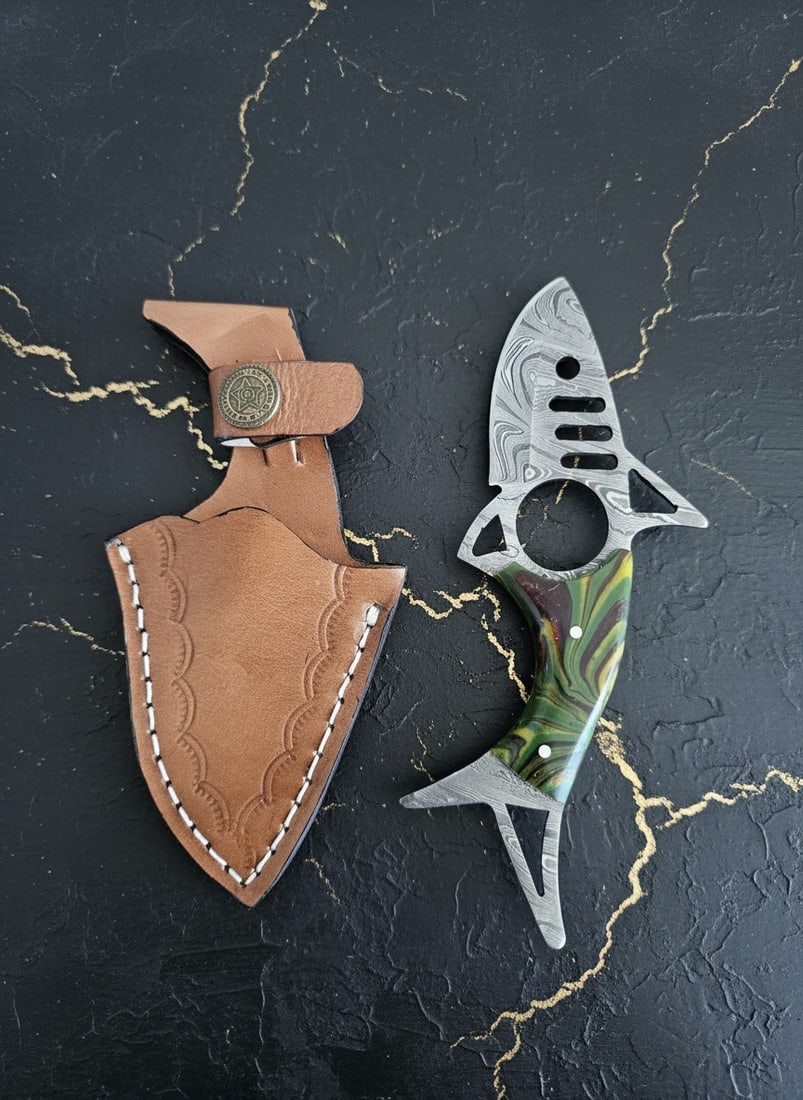 Hand-Forged Damascus Steel Shark Knife, Resin Handle & Leather Sheath Set - 2