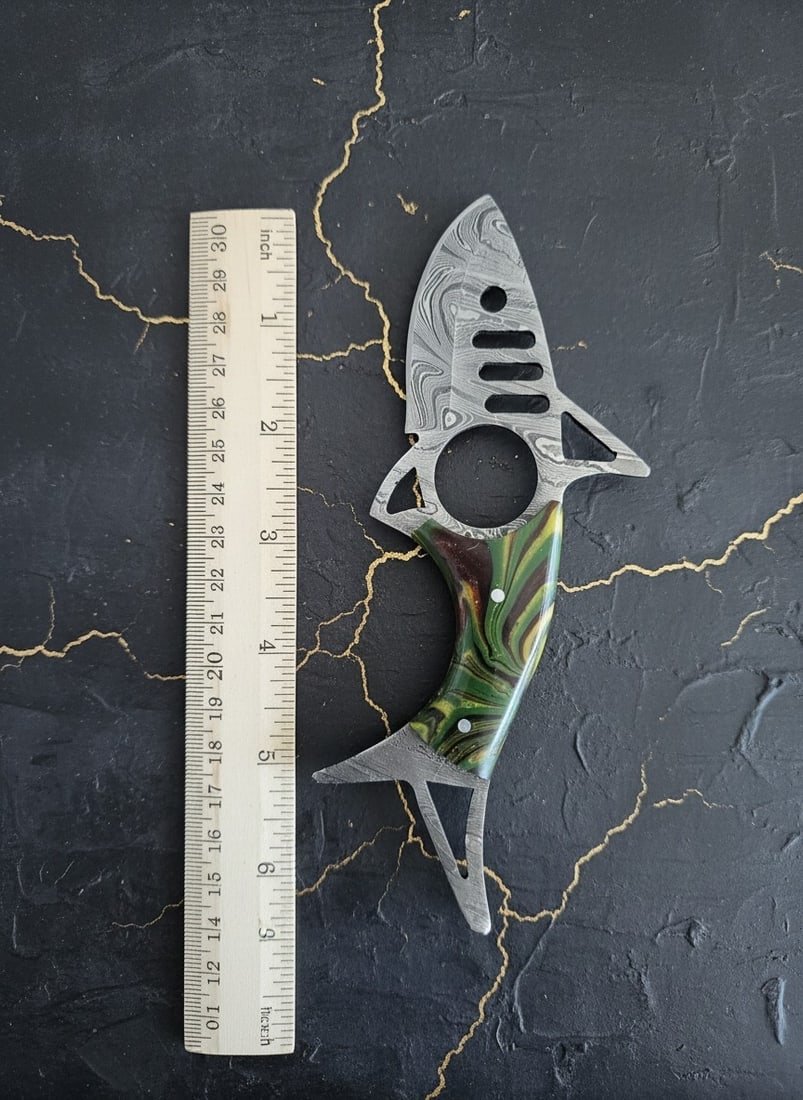 Hand-Forged Damascus Steel Shark Knife, Resin Handle & Leather Sheath Set - 5