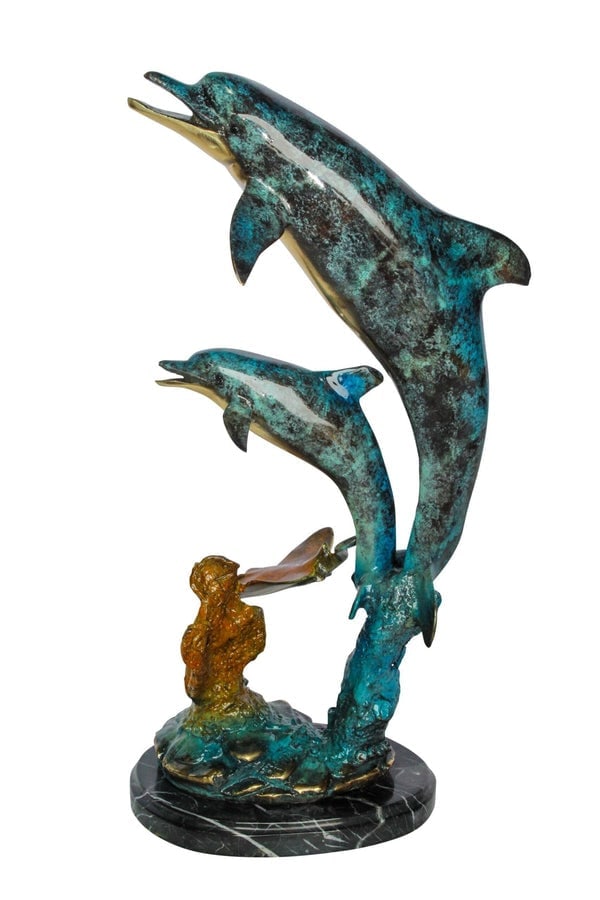 Enchanting Bronze Mermaid with Two Dolphins Statue – Handcrafted Lost Wax Sculpture with: Title:Enchanting Bronze Mermaid with Two Dolphins Statue – Handcrafted Lost Wax Sculpture with Marble Base, Ocean Fantasy Art Decor for Home, Coastal Themes, and Collectors 9" x 7" x 22"H
