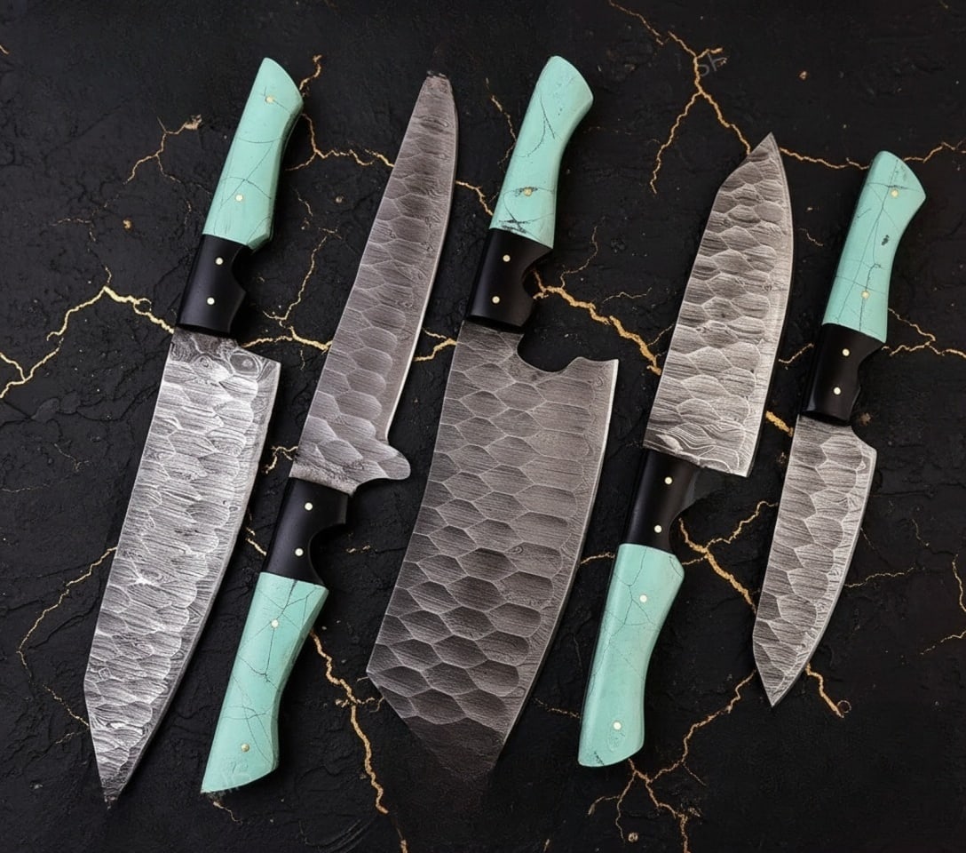 5 Piece Custom Damascus Steel Chef Knife Set Handmade Kitchen Cutlery - 2