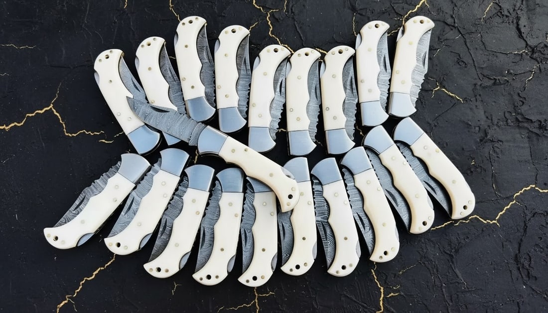 40pc Damascus Steel Folding Knife Collection Bone Handle w/ Leather Sheaths - 2