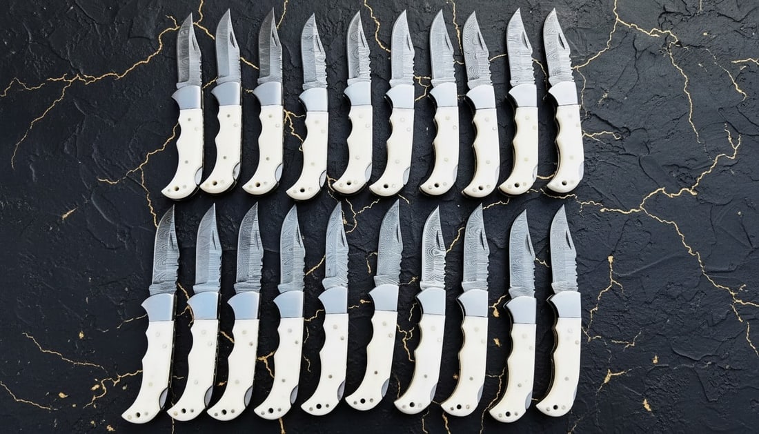 40pc Damascus Steel Folding Knife Collection Bone Handle w/ Leather Sheaths - 4