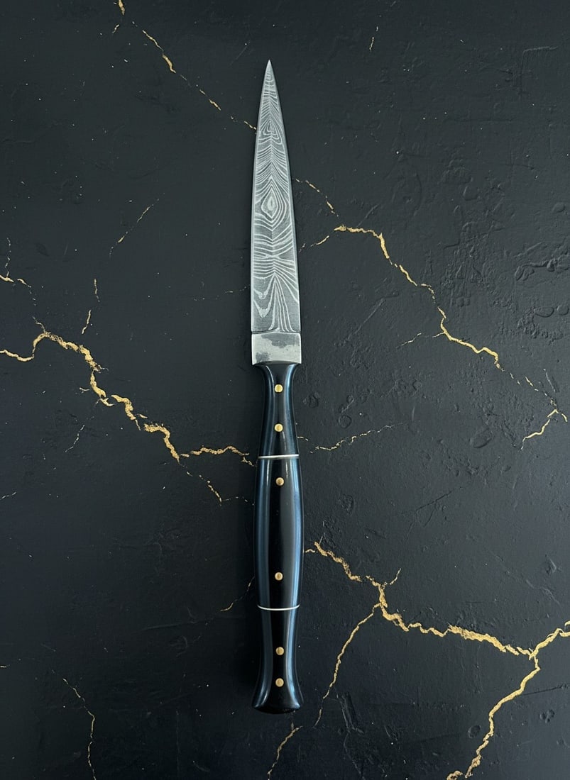 Handmade Damascus Steel Dagger Buffalo Horn Handle w/ Leather Sheath: Title:Handmade Damascus Steel Dagger Buffalo Horn Handle w/ Leather Sheath Description:This handcrafted knife features a buffalo horn comfort grip handle and comes with a matching vertical cowhide