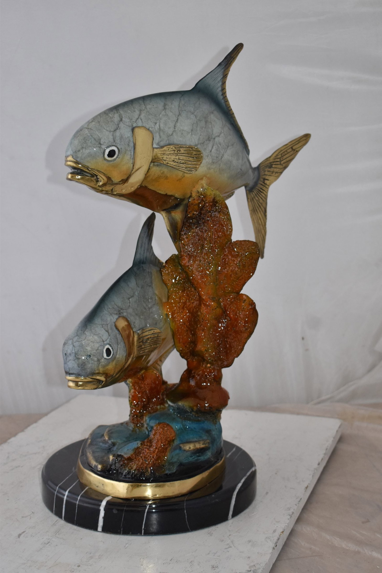 Two Permit Fish Swimming in The Ocean Bronze Statue Size: 13" x 19" x 25"H - 12