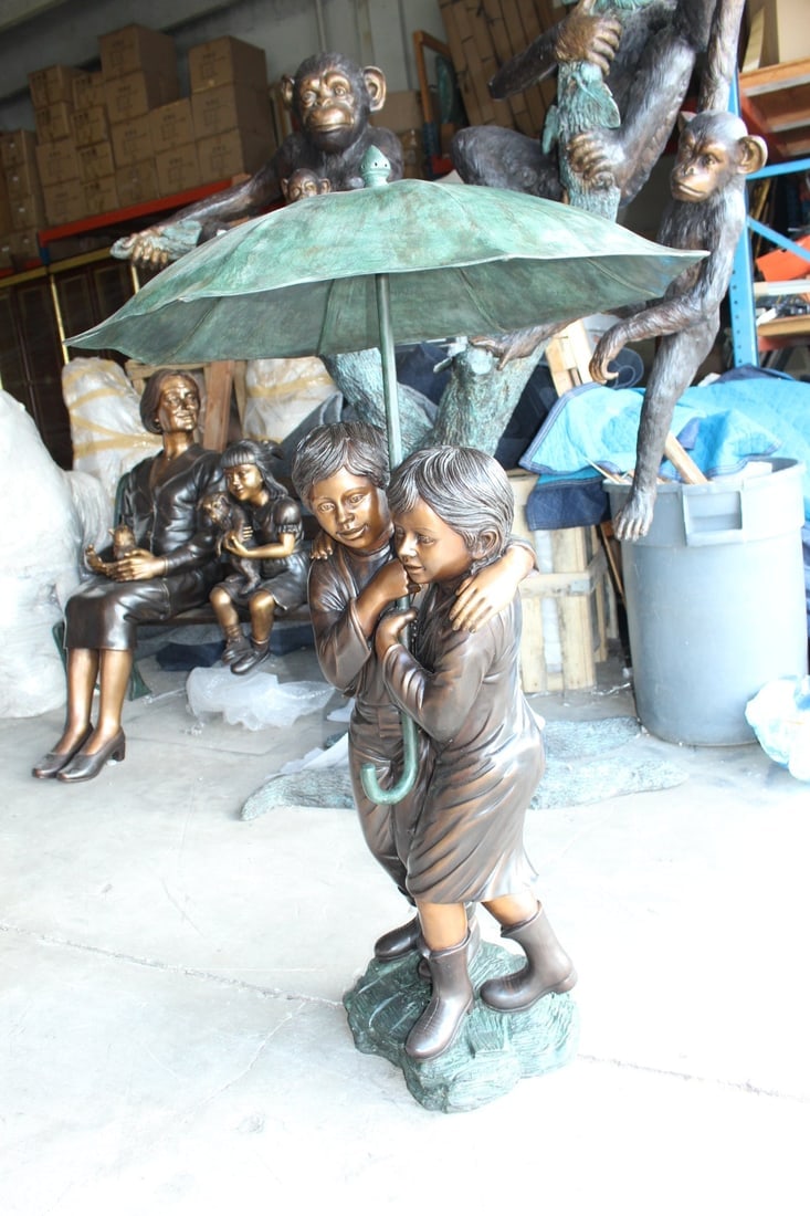 Two Kids Holding an Umbrella - Bronze Statue - Fountain - 30"L x 30"W x 52"H. - 12