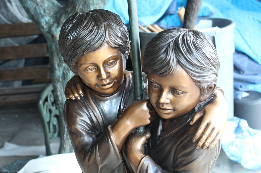 Two Kids Holding an Umbrella - Bronze Statue - Fountain - 30"L x 30"W x 52"H. - 13