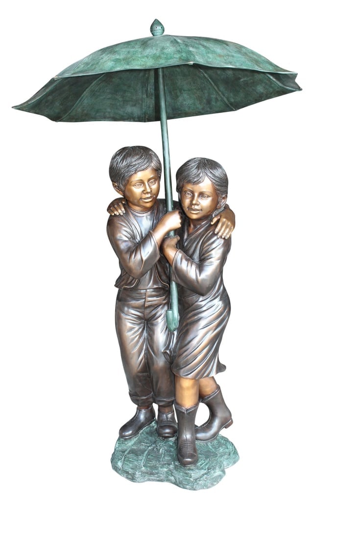 Two Kids Holding an Umbrella - Bronze Statue - Fountain - 30"L x 30"W x 52"H.: Title:Two Kids Holding an Umbrella - Bronze Statue - Fountain - 30"L x 30"W x 52"H. Description:This Bronze Sculpture - Fountain of two little kids holding an umbrella playing in the rain. Water spill