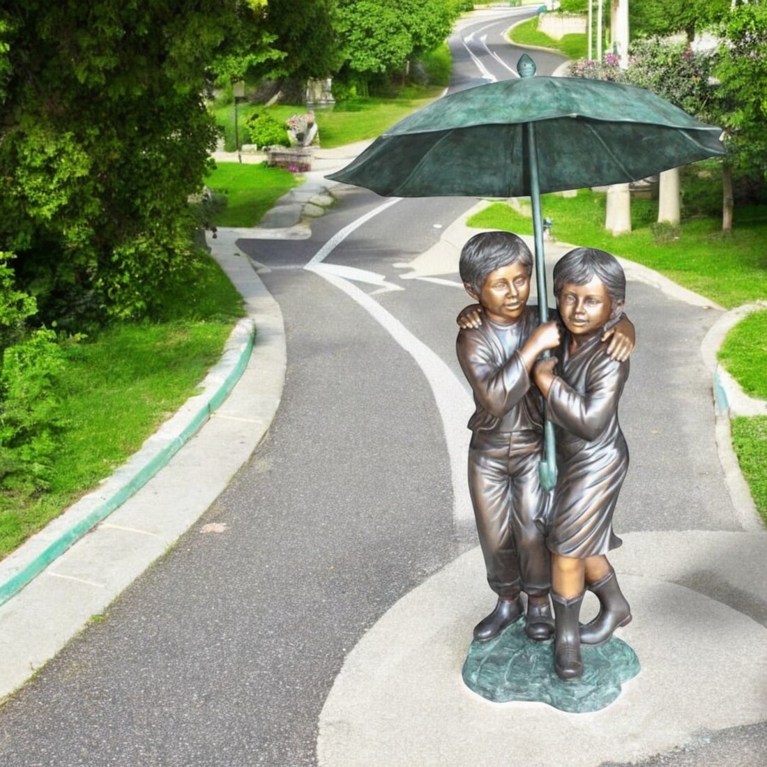 Two Kids Holding an Umbrella - Bronze Statue - Fountain - 30"L x 30"W x 52"H. - 3
