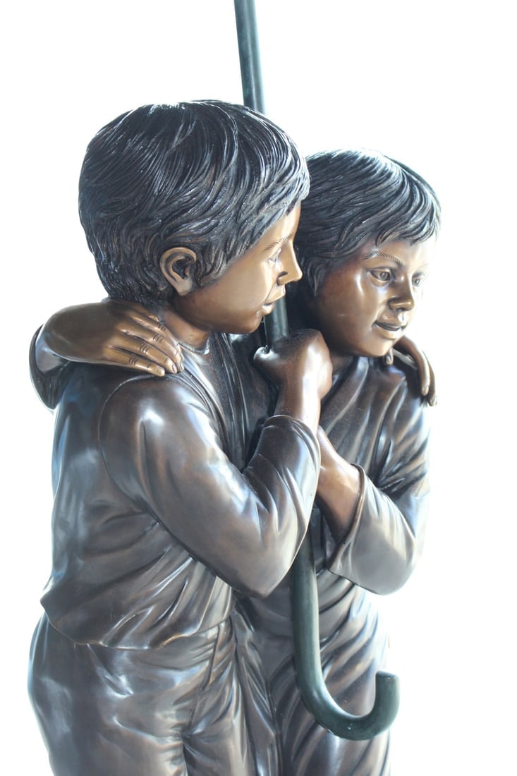 Two Kids Holding an Umbrella - Bronze Statue - Fountain - 30"L x 30"W x 52"H. - 4