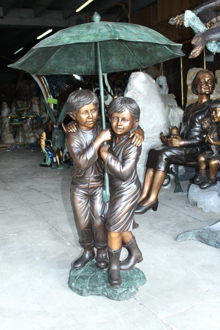 Two Kids Holding an Umbrella - Bronze Statue - Fountain - 30"L x 30"W x 52"H. - 5