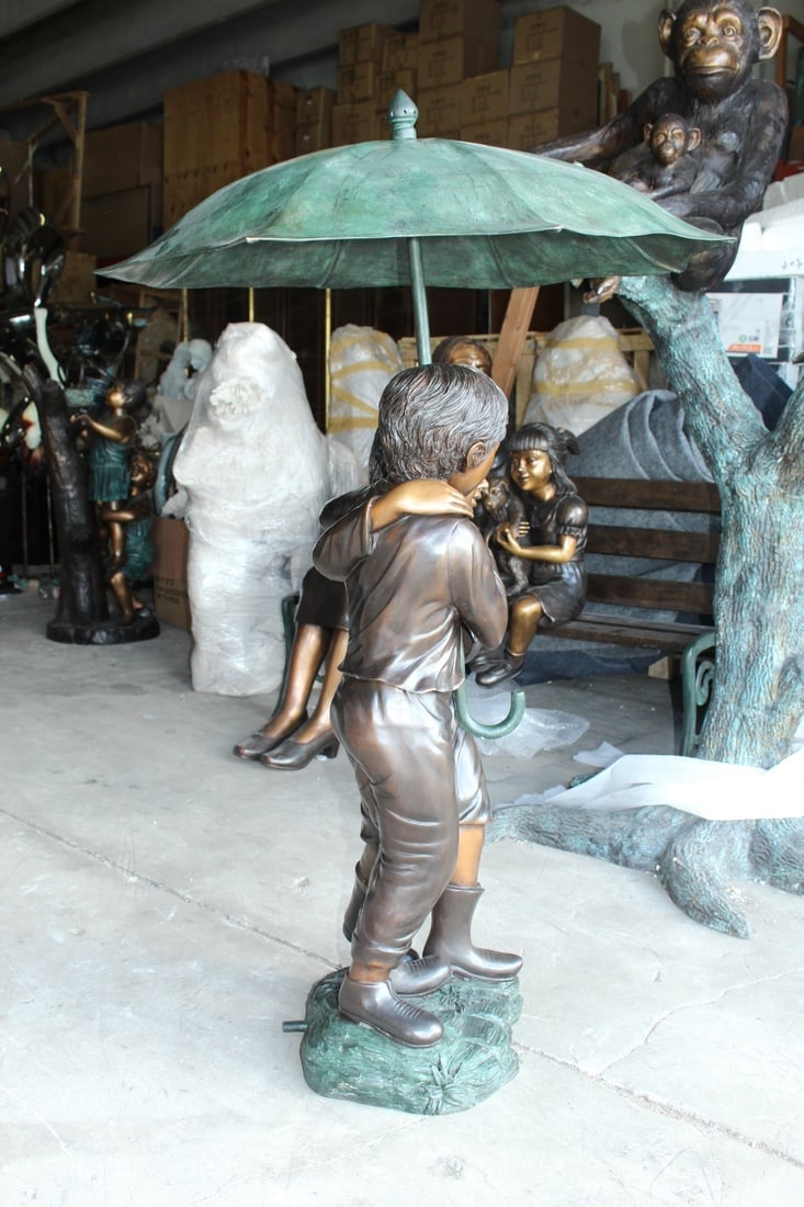 Two Kids Holding an Umbrella - Bronze Statue - Fountain - 30"L x 30"W x 52"H. - 7