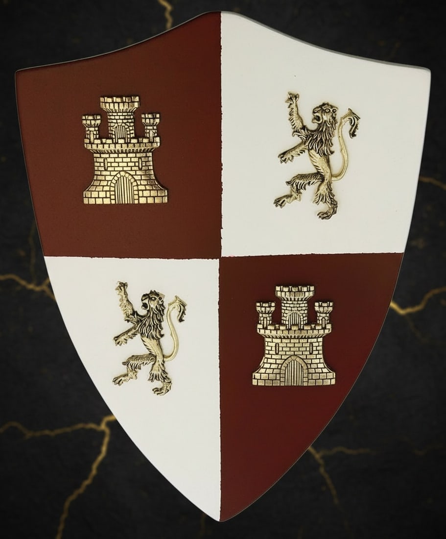 Small Decorative Wood Shield Brass Accents Medieval Style Wall Hanging Decor: Title:Small Decorative Wood Shield Brass Accents Medieval Style Wall Hanging Decor Description:This mini shield is crafted from wood and features a red and white painted finish with brass-toned metal