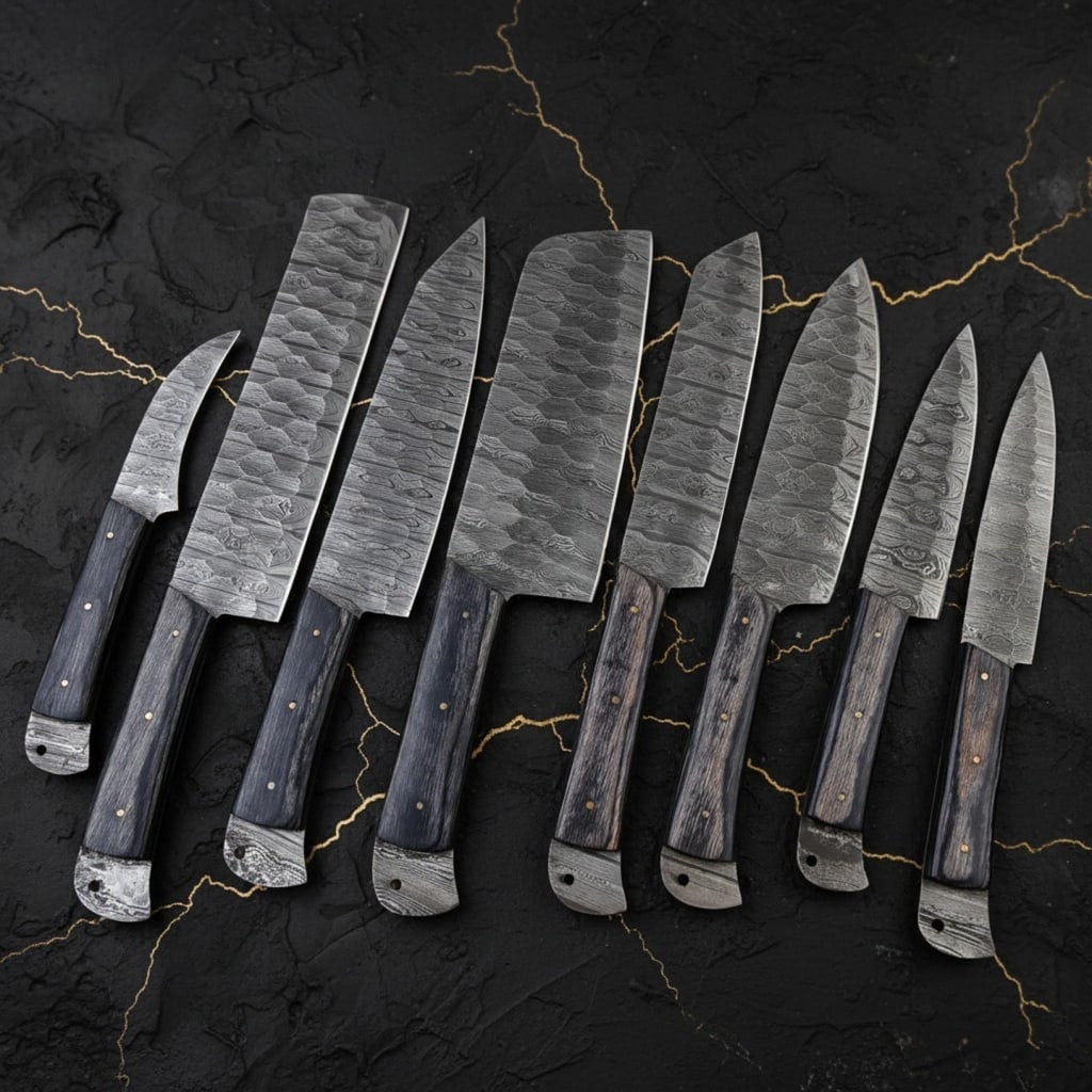 8pc Damascus Steel Kitchen Knife Set Custom Forged Pakkawood Handle Chef Cutlery: Title:8pc Damascus Steel Kitchen Knife Set Custom Forged Pakkawood Handle Chef Cutlery Description:This 8-piece custom kitchen knife set features hand-forged Damascus steel fixed blades with intricate