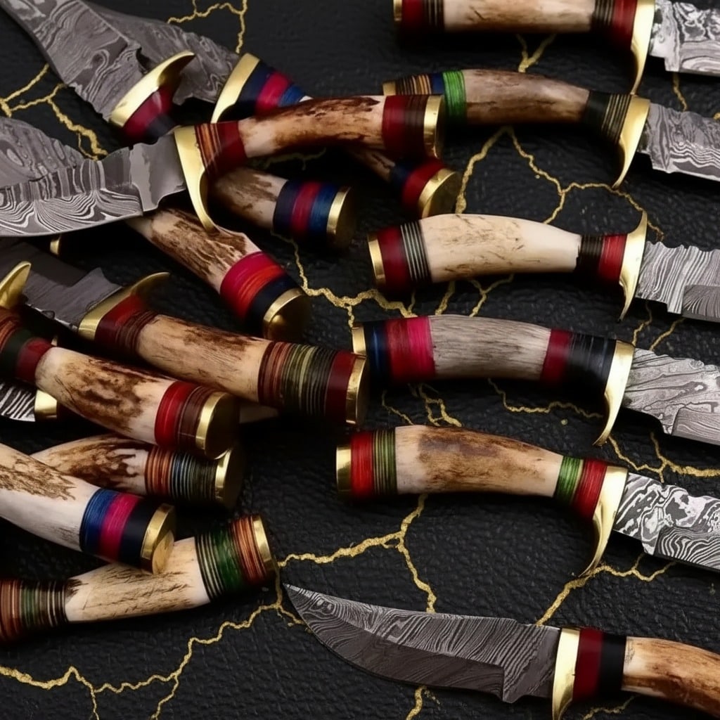 20pc Custom Handmade Damascus Steel Hunting Knife Set, Stag Horn Handle, Case - 2