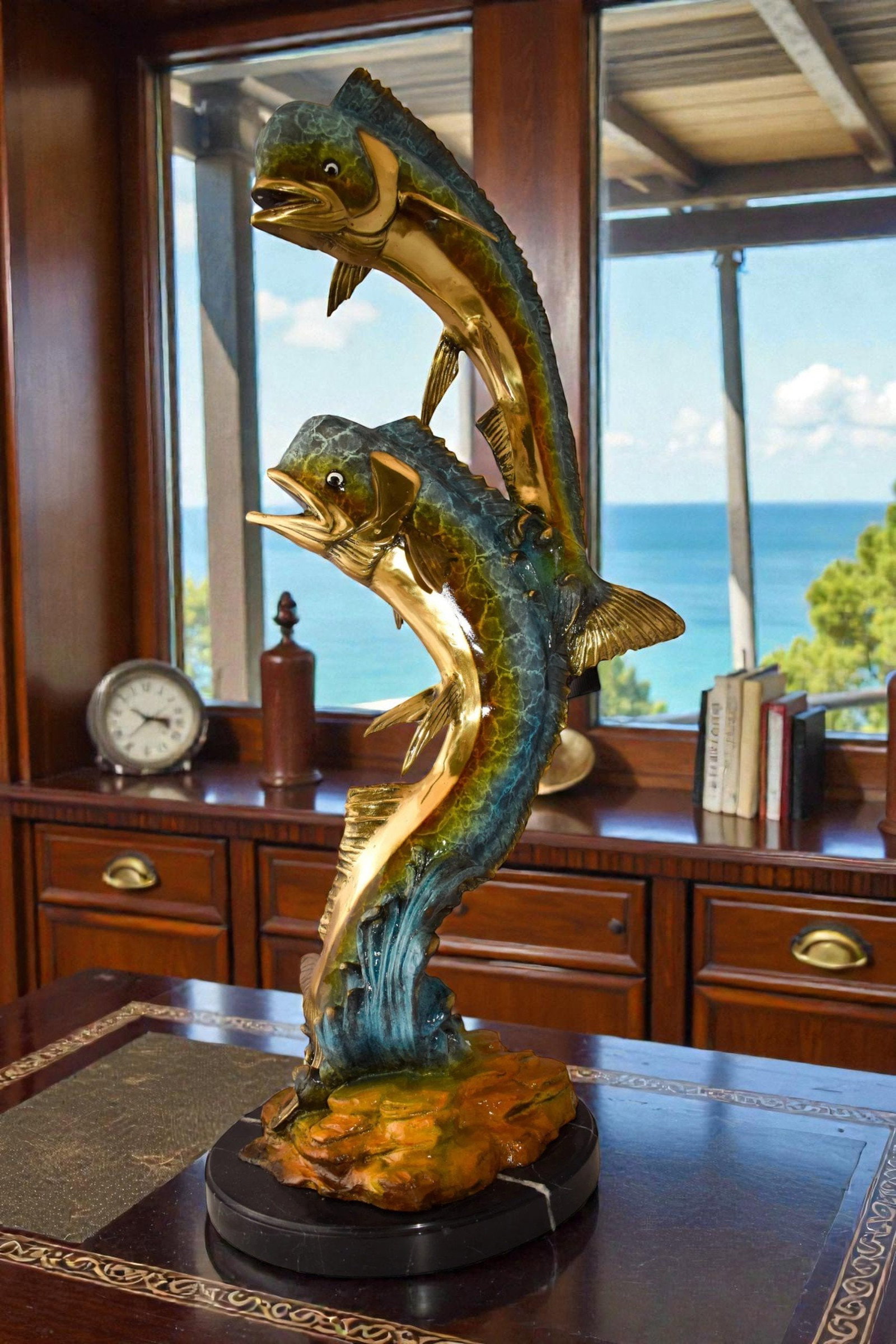 Impressive Pair of Dorado Mahi Mahi Fish Bronze Statue Size: 20" x 18" x 42"H - 2