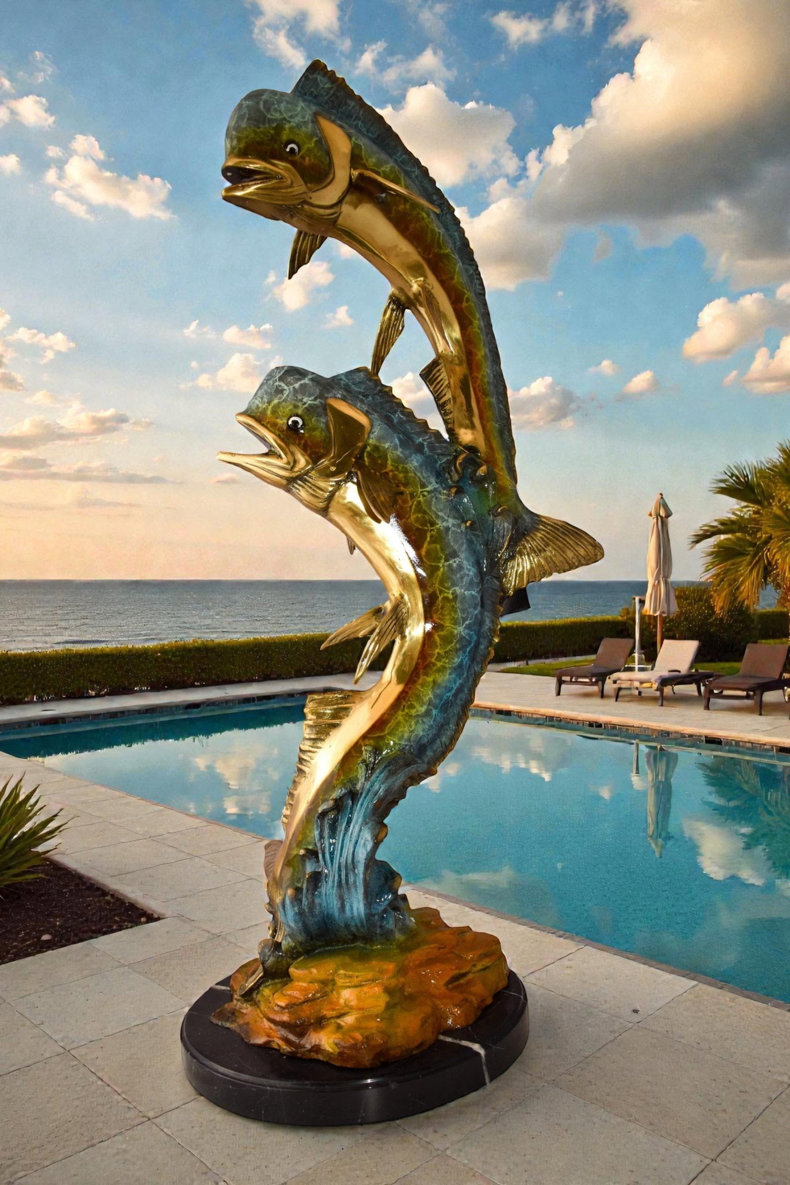 Impressive Pair of Dorado Mahi Mahi Fish Bronze Statue Size: 20" x 18" x 42"H - 3