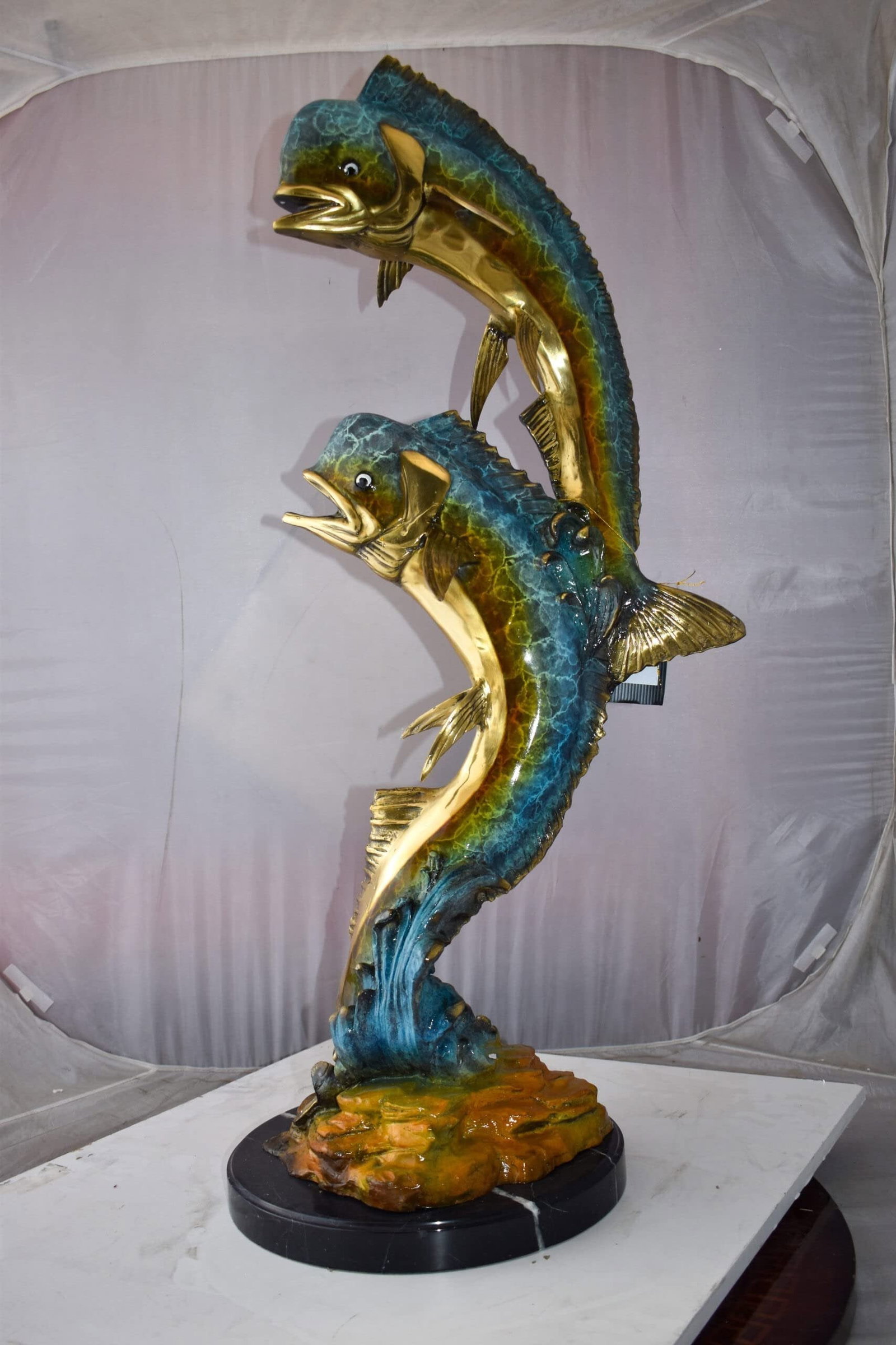 Impressive Pair of Dorado Mahi Mahi Fish Bronze Statue Size: 20" x 18" x 42"H - 4