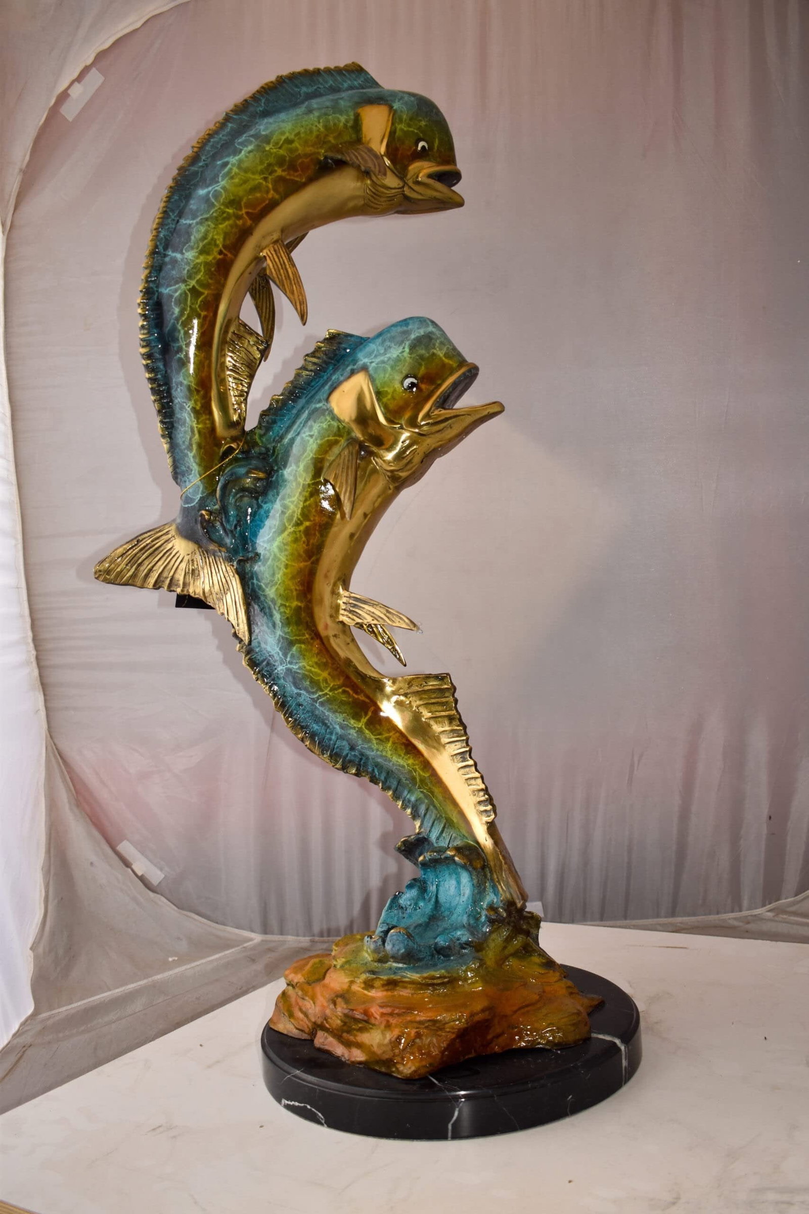 Impressive Pair of Dorado Mahi Mahi Fish Bronze Statue Size: 20" x 18" x 42"H - 8