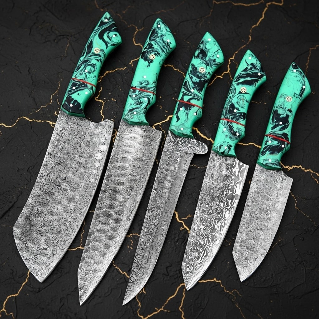 5pc Damascus Steel Kitchen Knife Set Hand-Forged Raindrop Pattern Leather Roll: Title:5pc Damascus Steel Kitchen Knife Set Hand-Forged Raindrop Pattern Leather Roll Description:This high-quality chef knife set includes five hand-forged knives and a cowhide leather carrying bag.