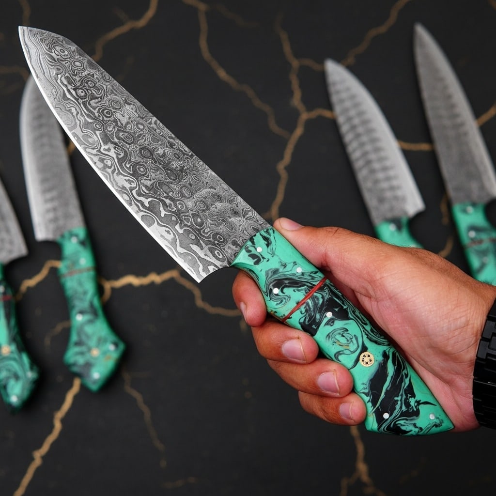 5pc Damascus Steel Kitchen Knife Set Hand-Forged Raindrop Pattern Leather Roll - 2