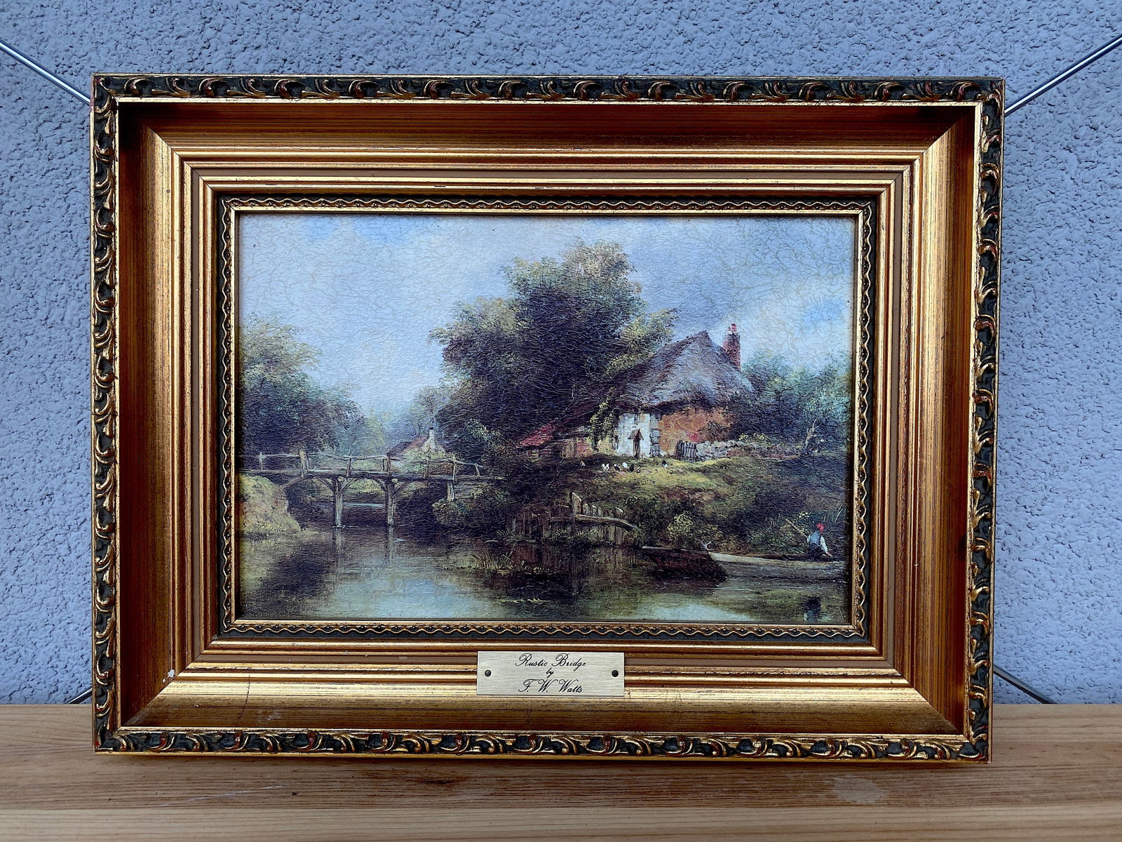 Antique framed painting by F.W.Watts - Rustic Bridge: Title: Antique framed painting by F.W.Watts - Rustic Bridge Maker:CONSORT PICTURES C.P.PRODUCTIONS LTD Origin: IRELAND Date/Period:Unknown Materials:Wood, Canvas Size:Size: 37 x 26 x 4 cm