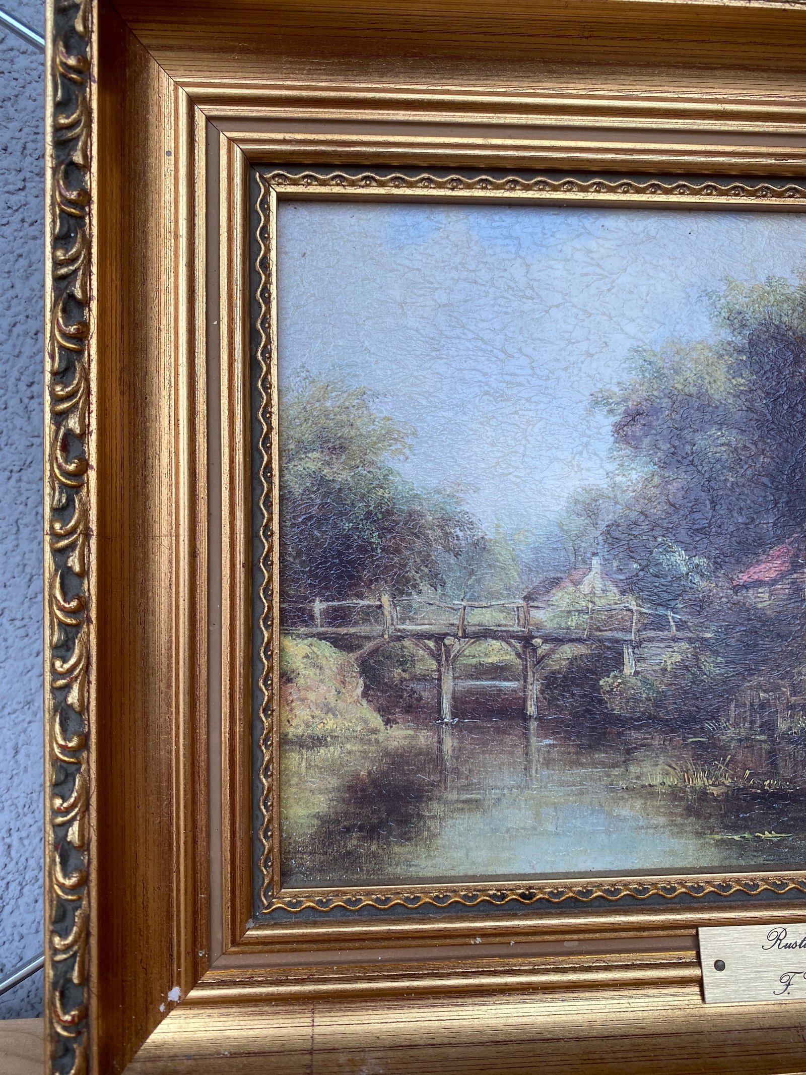 Antique framed painting by F.W.Watts - Rustic Bridge - 2
