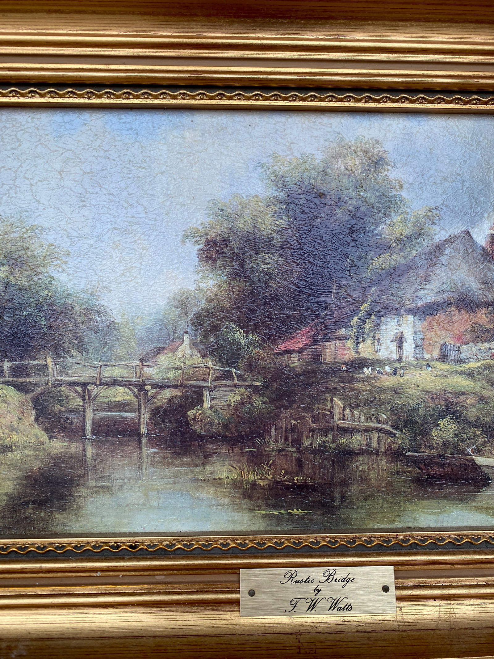 Antique framed painting by F.W.Watts - Rustic Bridge - 3