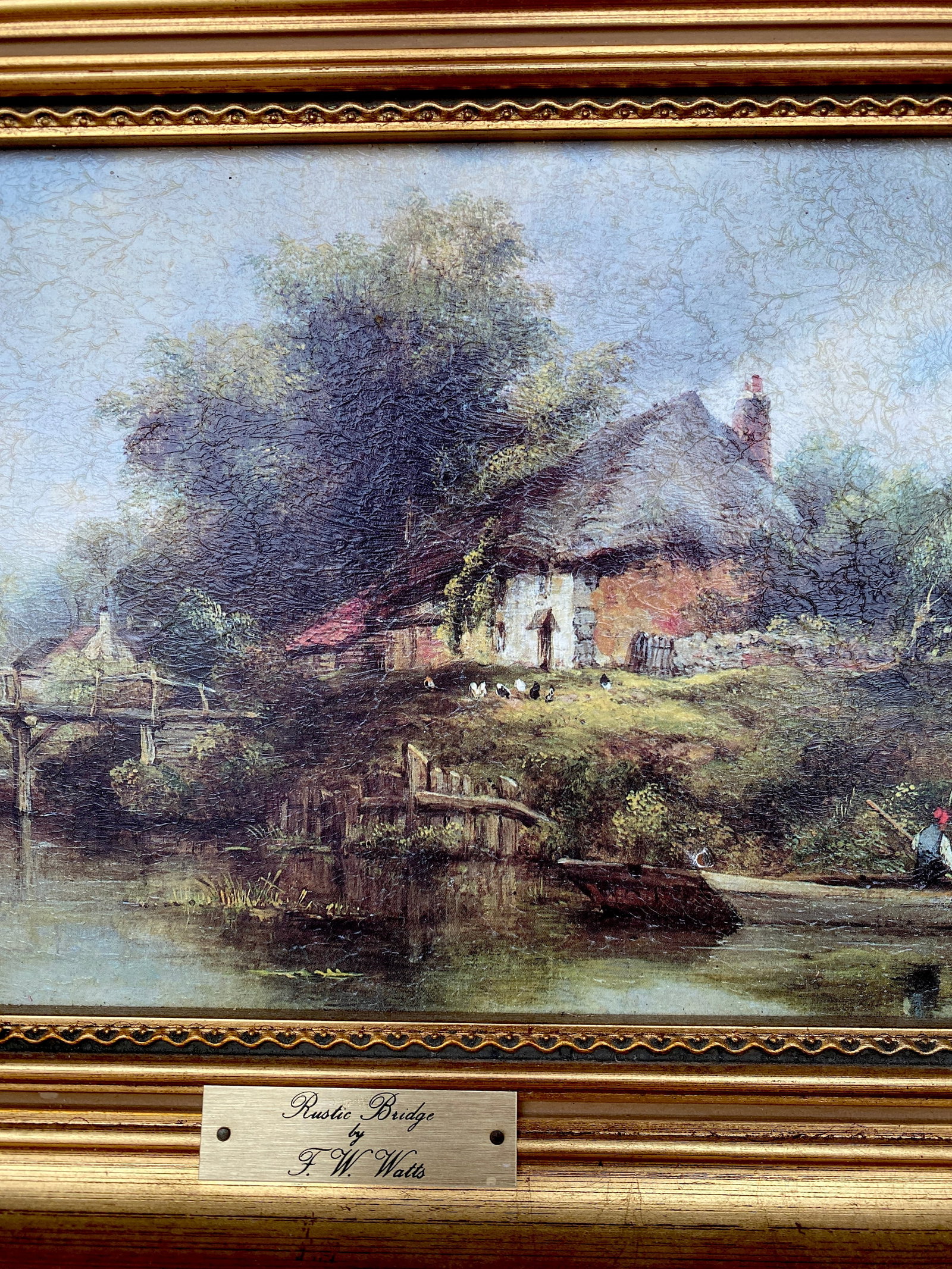 Antique framed painting by F.W.Watts - Rustic Bridge - 4