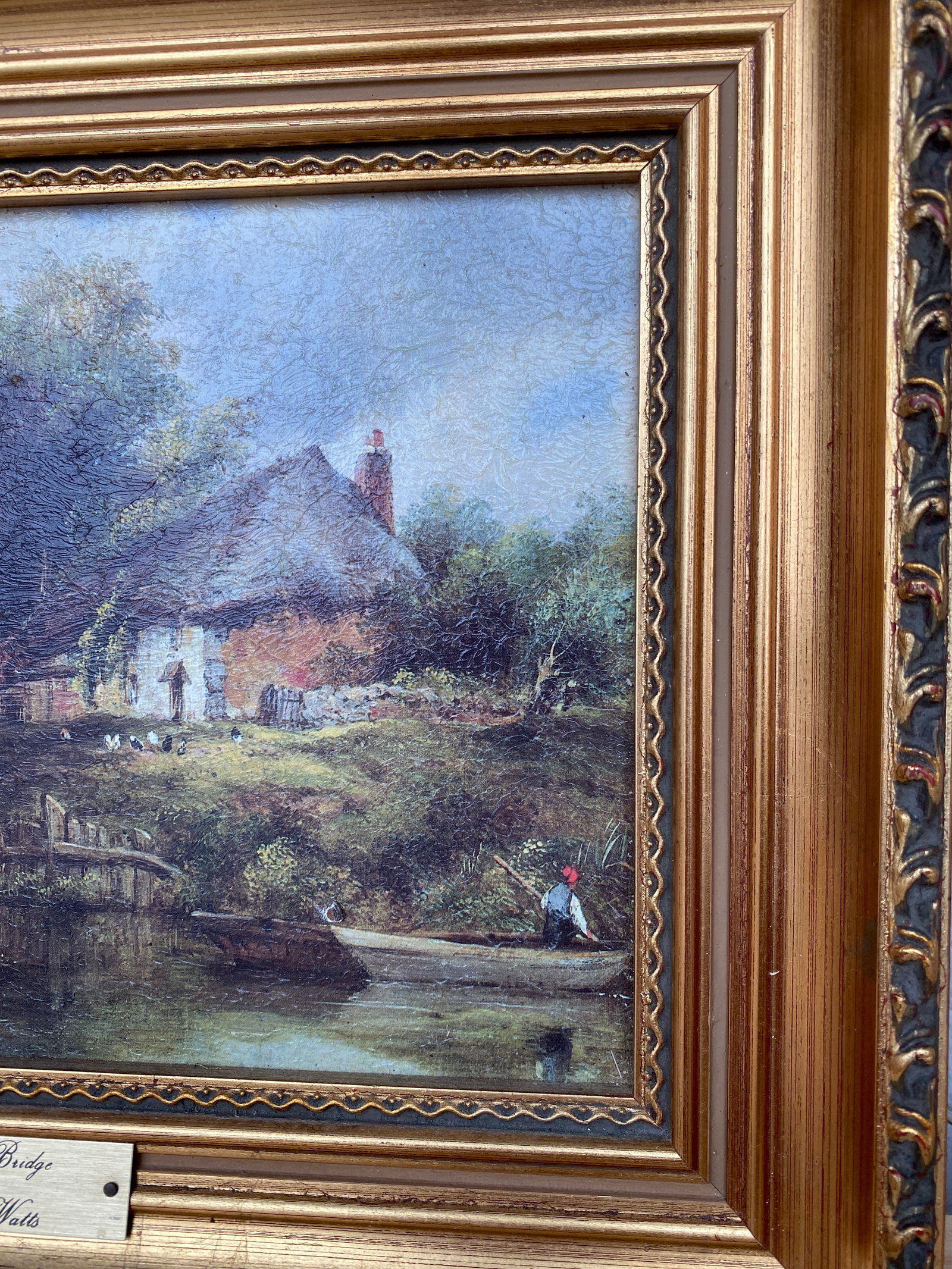 Antique framed painting by F.W.Watts - Rustic Bridge - 5