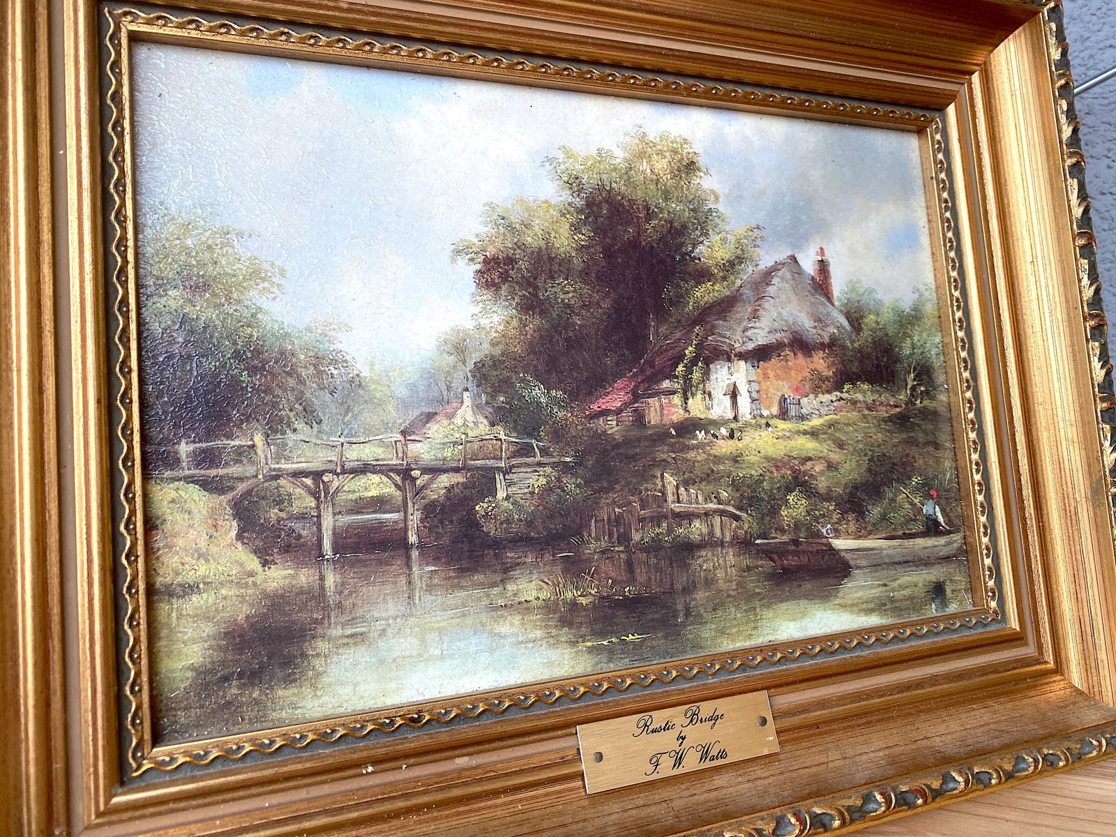 Antique framed painting by F.W.Watts - Rustic Bridge - 7